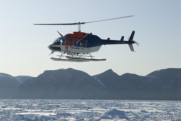 ArcticQ_20080902_161702_707_20.jpg - One of our helicopters soars alongside the ship in Baffin Bay between Greenland and Ellesmere Island.