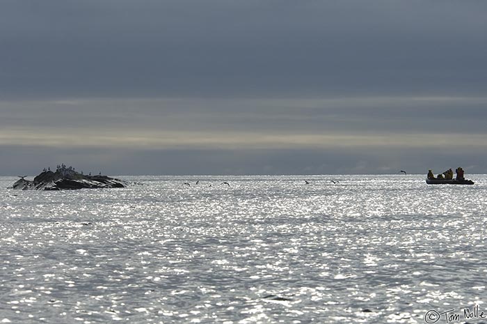 ArcticQ_20080909_111156_727_2X.jpg - A zodiac approaches an island refuge for gulls as sun and clouds battle for supremacy.  Lady Franklin Island off Baffin Island, Canada.